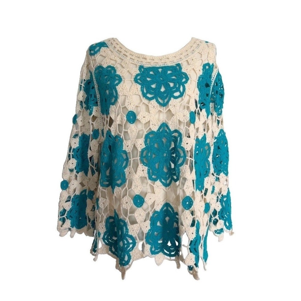 Cato Womens Blue Cream Crochet Top Blouse Size 18/20 Boho Summer Resort Layering